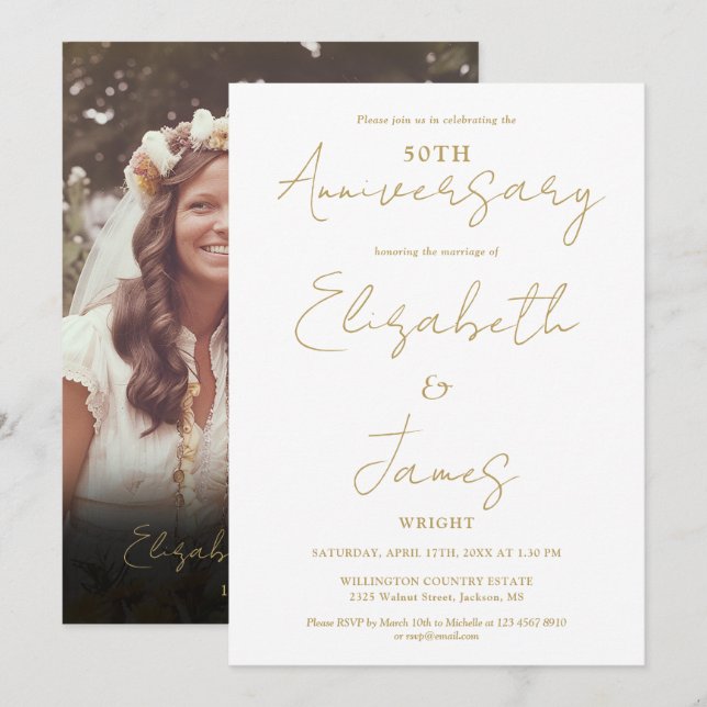 Guld 50:e Bröllop-årsdagen Foto Bröllop Inbjudningar (Fram/baksida)