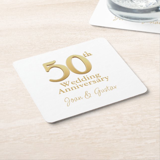 Guld 50:e Bröllop-årsdagen | Vit Underlägg Papper Kvadrat (Vinklad)