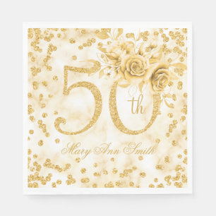 Guld 50:e födelsedag Blommigt Modern marmor Pappersservett