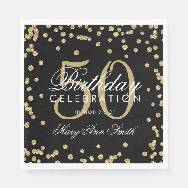 Guld 50:e födelsedag Glitter Konfetti Black Pappersservett (Framsidan)