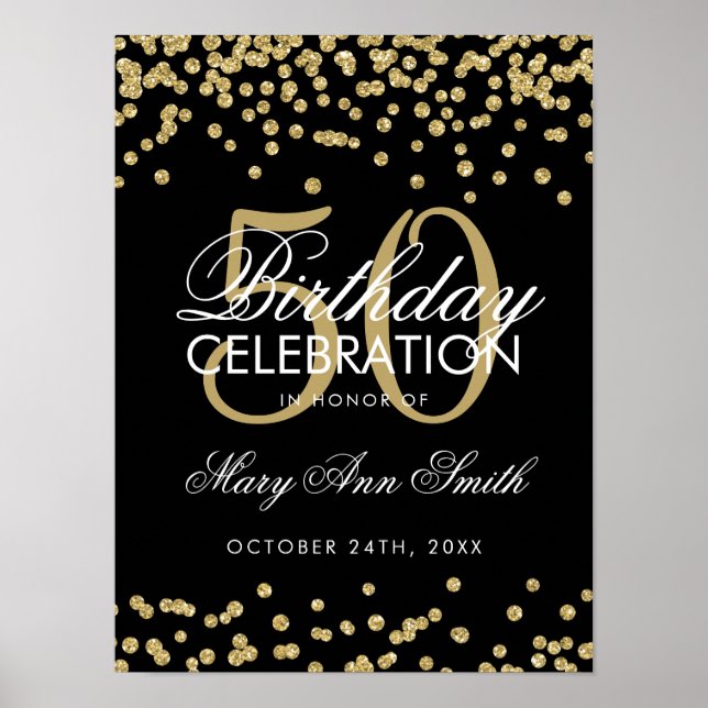 Guld 50:e födelsedag Glitter Konfetti Black Poster (Framsidan)
