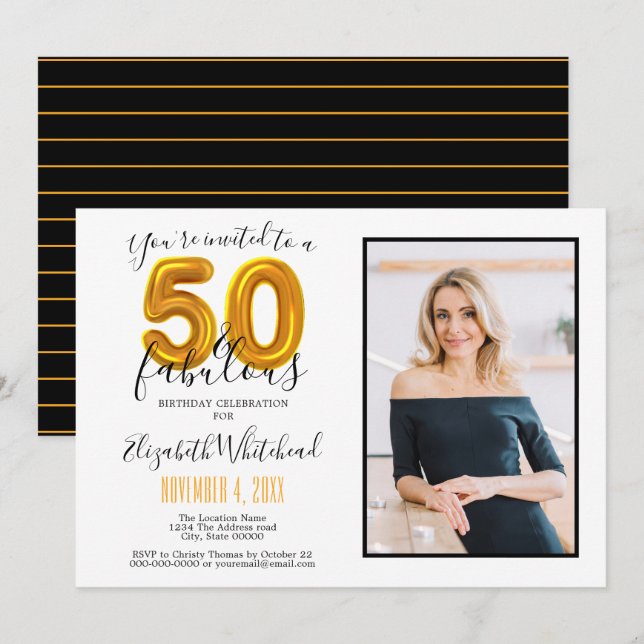 Guld 50 & Fabulous 50:e födelsedagsfoto Inbjudningar (Fram/baksida)