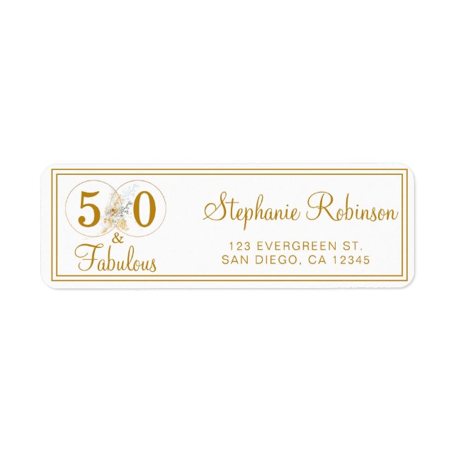 Guld 50 Fabulous Birthday Script Returadress L Etikett (Framsidan)