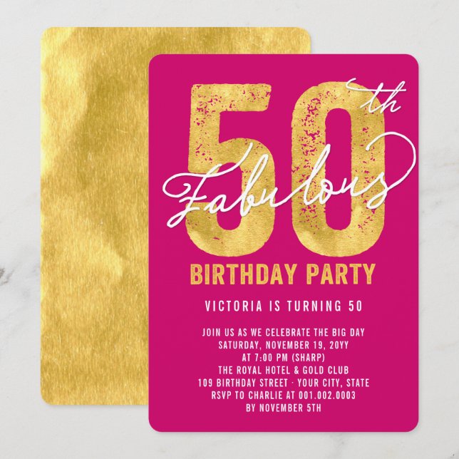 Guld 50 och Fabulous 50:e Födelsedagsfest Inbjudan (Fram/baksida)