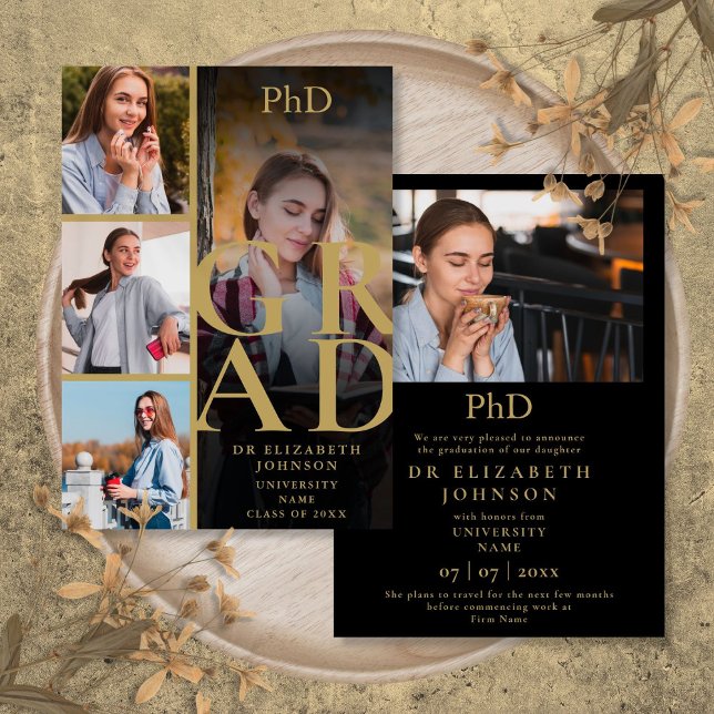 Guld 5 Foto PhD-examen Examenstecken Inbjudningar (Gold 5 Photo PhD Degree Graduation Announcement)