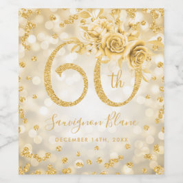 Guld 60:e födelsedag Blommigt Glam Ljus Vinflaska Etikett