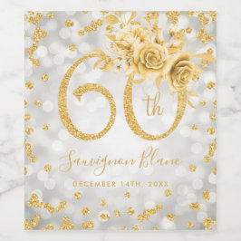 Guld 60:e födelsedag Blommigt Silver Glam Ljus Vinflaska Etikett