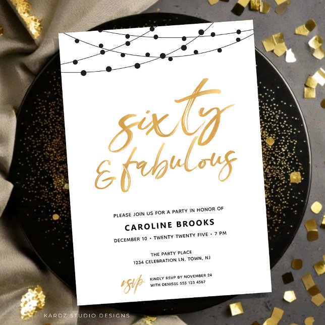 Guld 60 och Fabulous 60:e födelsedagen Inbjudningar (60th birthday Invitation shown in 5x7 in. flat card. Personalize it with the blue personalize button)
