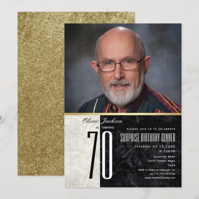 Guld 70-års födelsedags-fotoinbjudan för män inbjudningar (Fram/baksida)