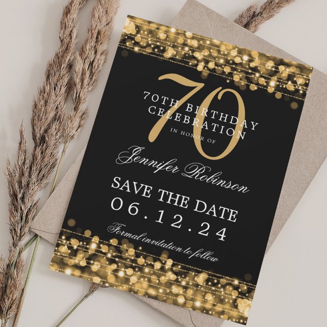 Guld 70:e födelsedag Spara datum Inbjudningar (Gold 70th Birthday Save the Date Invitation)