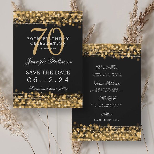 Guld 70:e födelsedag Spara datum med detaljer Inbjudningar (Gold 70th Birthday Save the Date w/ Details Invitation)