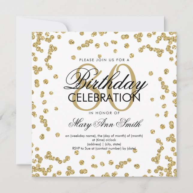 Guld 80:e födelsedagen Glitter Confetti Inbjudningar (Framsida)