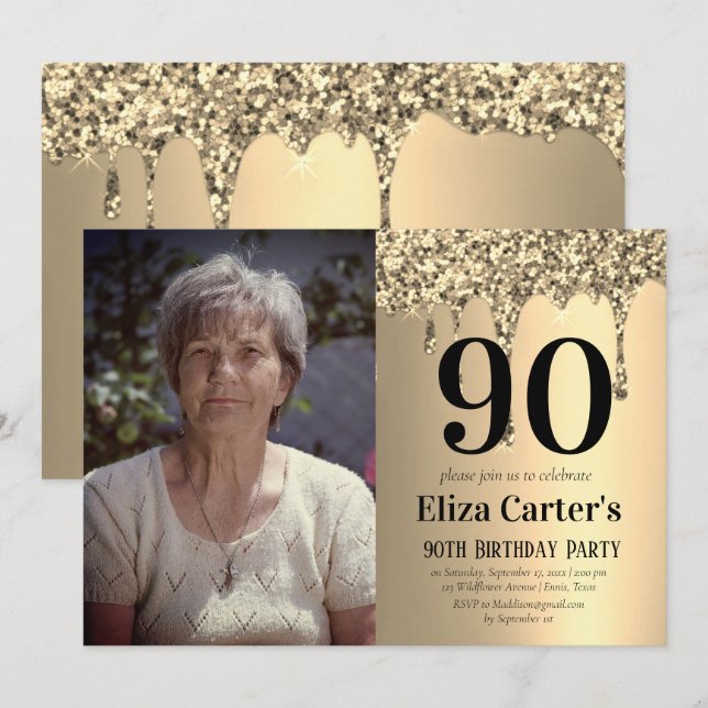 Guld 90-års Elegant Födelsedagsfirande  Inbjudningar (Fram/baksida)