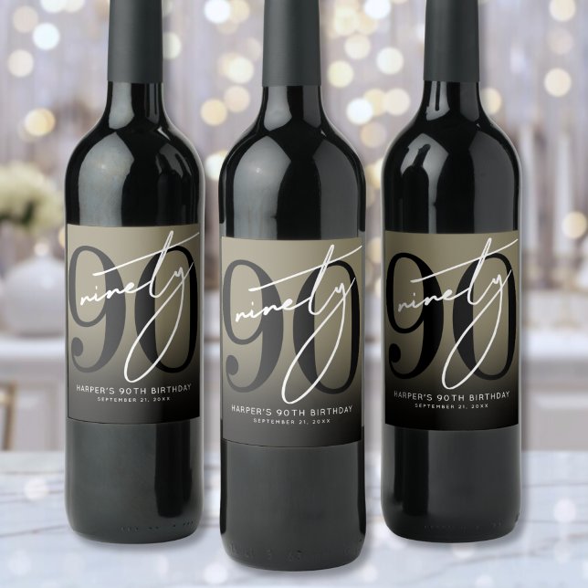 Guld 90-årsfest vinflaska etikett (Gold 90th Birthday Party Wine Label)