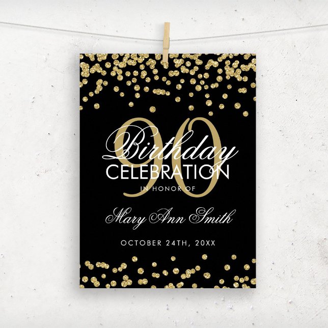 Guld 90:e födeldagen Glitter Confetti Black Poster (Skapare uppladdad)