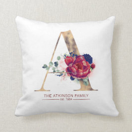 Guld A Monogram Blommigt Burgundy och marinblått Kudde