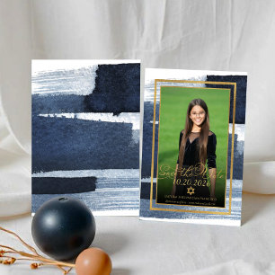 Guld Abstrakt Blå Foto Bat Mitzvah Spara Datum Inbjudningar