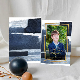 Guld Abstrakt Blue Photo Pub Mitzvah Spara datum Inbjudningar