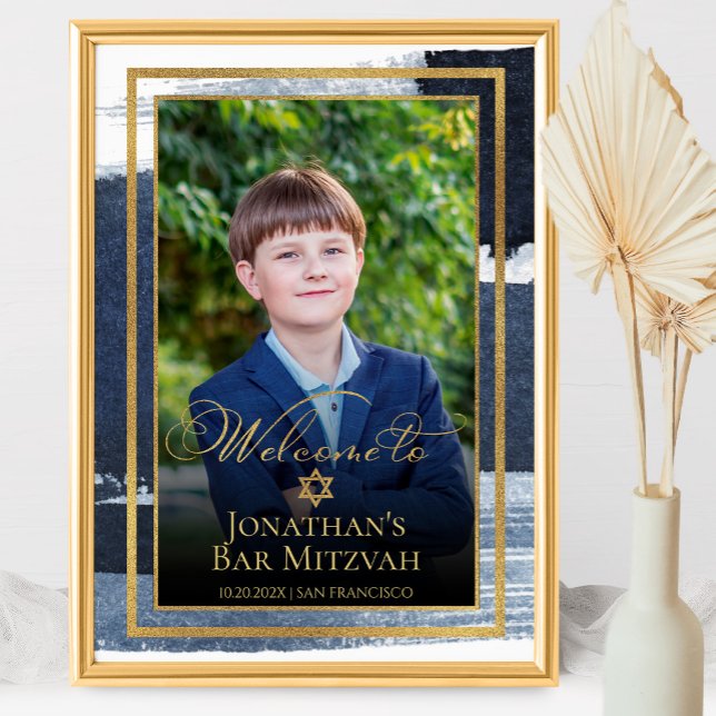 Guld Abstrakt Blue Pub Mitzvah Photo Välkomstskylt Poster (Skapare uppladdad)