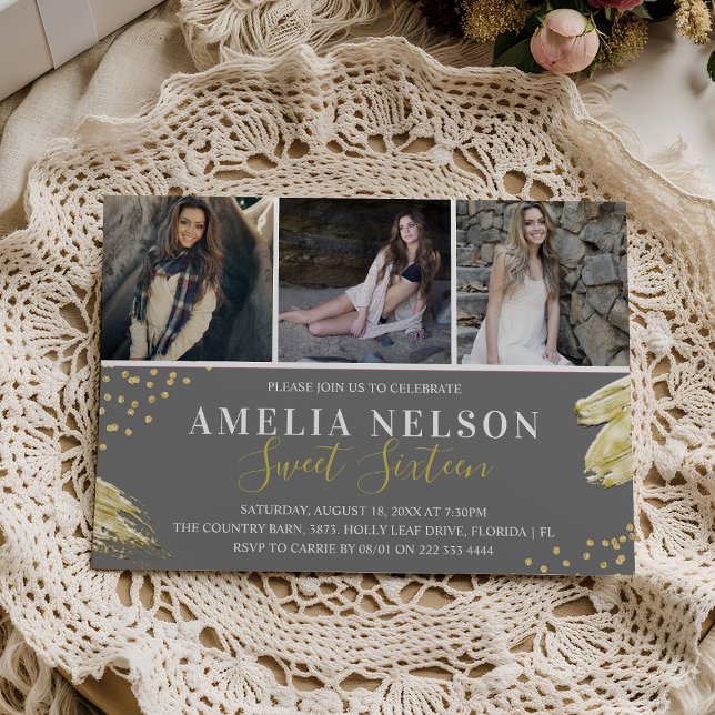 Guld Abstrakt Photo Collage Sweet 16 Birthday Inbjudningar (Skapare uppladdad)