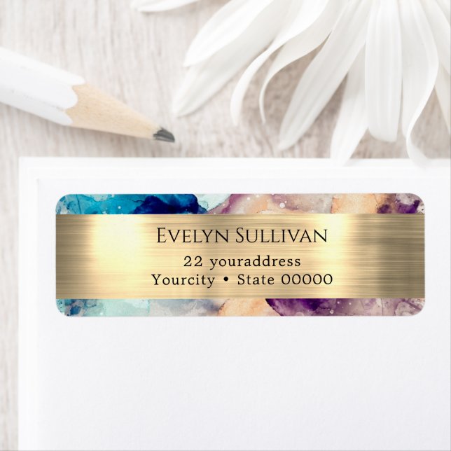 Guld-adressetikett för blå lila vattenfärg-returad returadress etikett (Insitu)