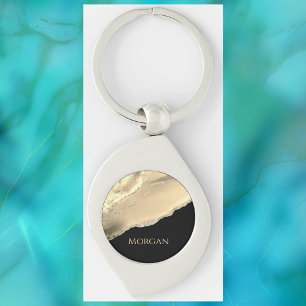 Guld Agate & Glitter, Guld Namn på Svarta havet Swirl Silverfärgad Nyckelring