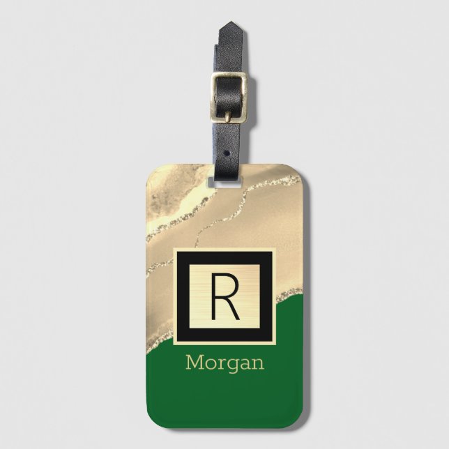 Guld Agate, Svart låda, Namn/Monogram, Grön Bagagebricka (Framsida vertikal)