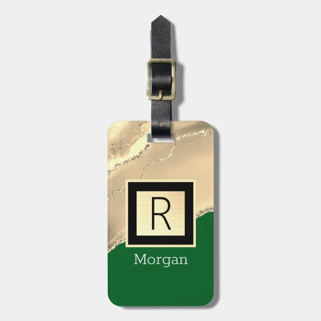 Guld Agate, Vitt Namn & Svart Monogram, Grön  Bagagebricka (Vertikal Framsida)