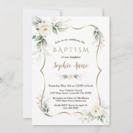 Guld Airy Greenery White Ivory Blommigt Baptism Inbjudningar