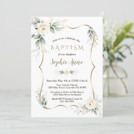 Guld Airy Greenery White Ivory Blommigt Baptism Inbjudningar