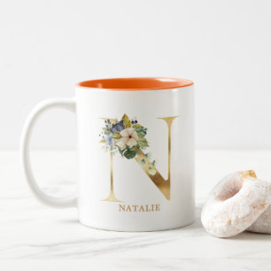 Guld Alfabet N Monogram  Löv-blomma Två-Tonad Mugg