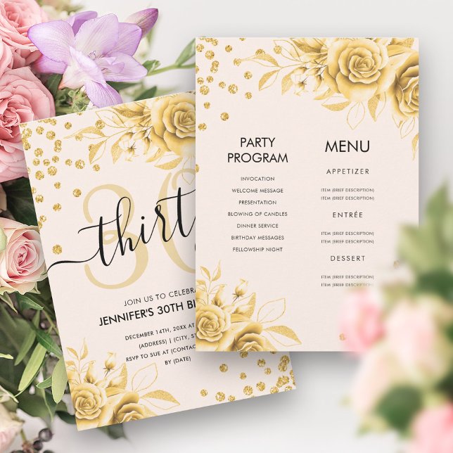 Guld alla i en Blommigt Glitter 30års födelsedag Inbjudningar (Gold All in One Floral Glitter 30th Birthday Invitation)