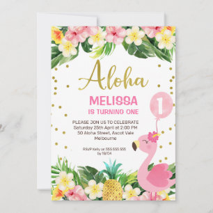 Guld Aloha Blommigt Foliage Flamingo 1:a födelseda Inbjudningar