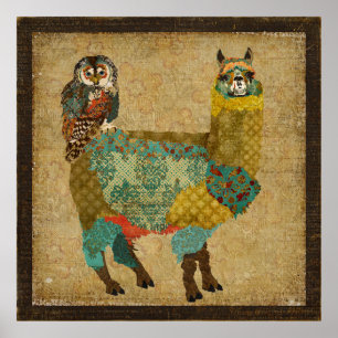 Guld Alpaca & Teal Uggla Art Poster