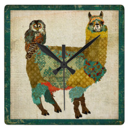 Guld Alpaca & Teal Uggla Fyrkantig Klocka
