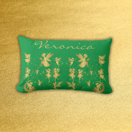 Guld Älvor med Pixie Dust på Grönt Monogram | Lumbarkudde