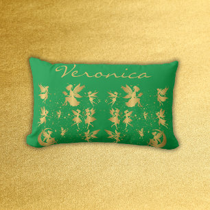 Guld Älvor med Pixie Dust på Grönt Monogram Lumbarkudde