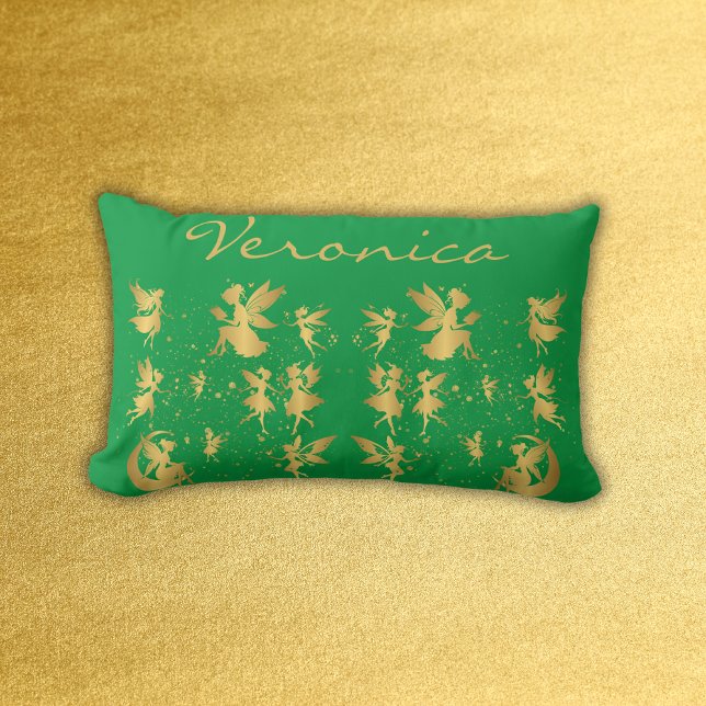 Guld Älvor med Pixie Dust på Grönt Monogram | Lumbarkudde (Skapare uppladdad)