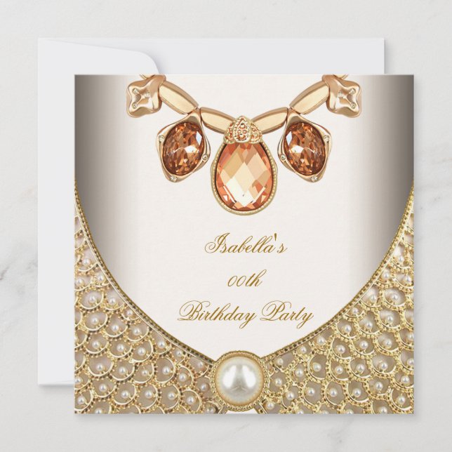 Guld Amber Pearls Jewels Image Cream Birthday Inbjudningar (Framsida)