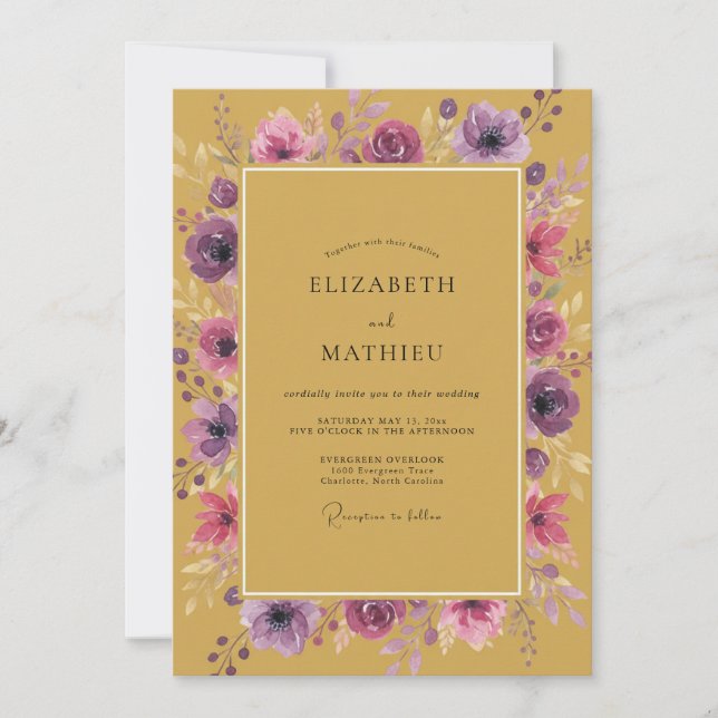 Guld Amethyst Ranunculus Eucalyptus Bröllop Inbjudningar (Framsida)