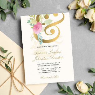 Guld ampersand pastel rosa kräm romantic bröllop inbjudningar