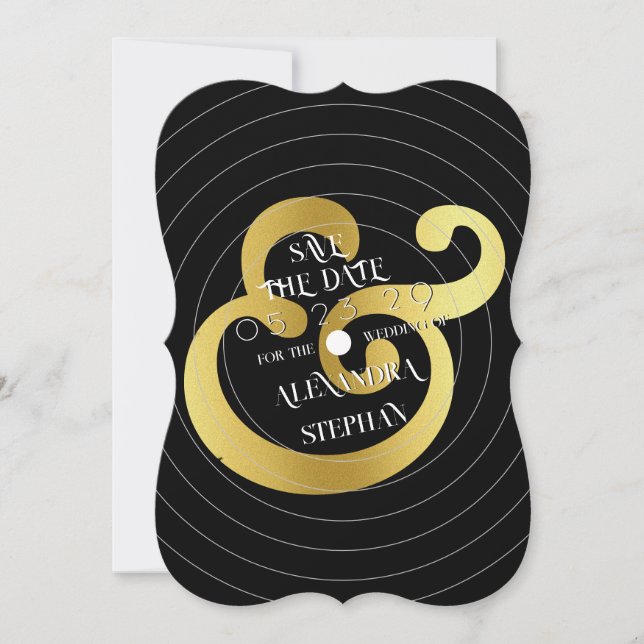 Guld Ampersand Retro Vinyl Record Photo Bröllop Spara Datumet (Framsida)