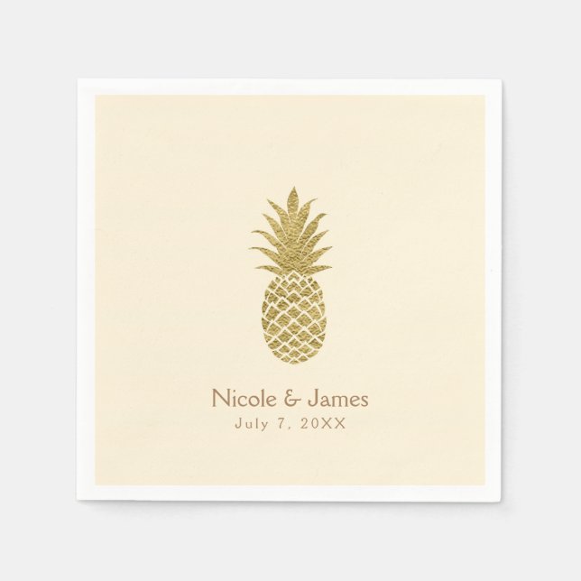 Guld Ananas Kräm Tropisk Elegant Bröllop Pappersservett (Framsidan)