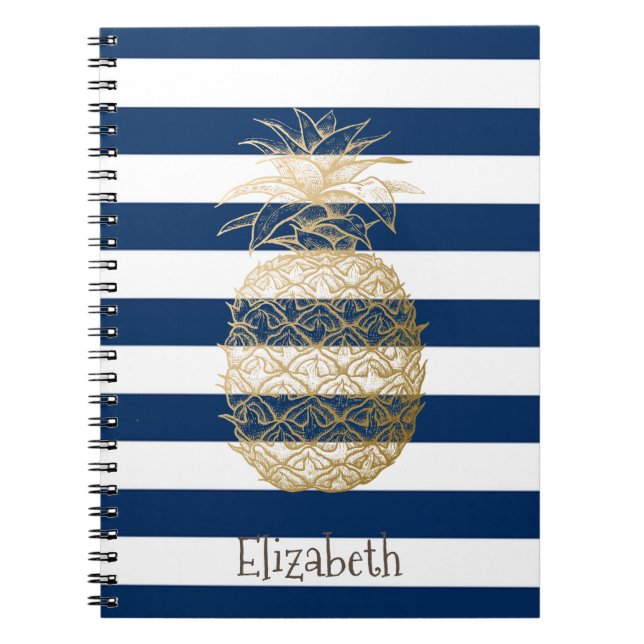 Guld Ananas Marinblå Ränder Anteckningsbok (Framsidan)