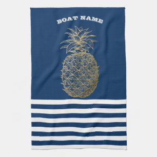 Guld Ananas Marinblå Randig Kökshandduk