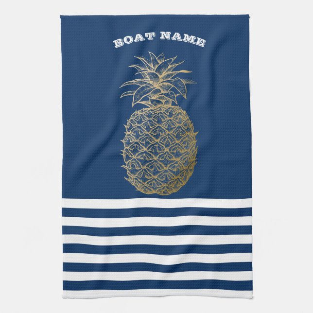 Guld Ananas Marinblå Randig  Kökshandduk (Vertikal)