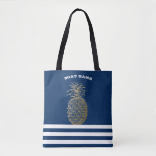 Guld Ananas Marinblå Randig   Tygkasse