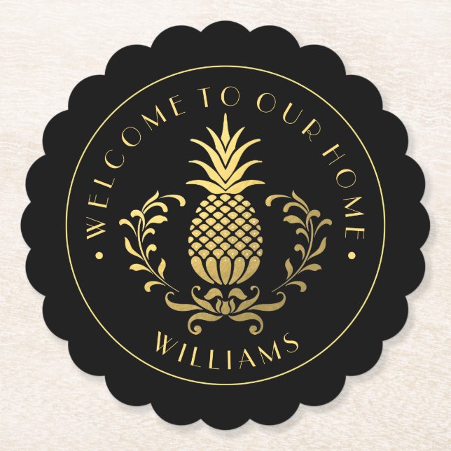 Guld ananas | Med Familj Namn & Est. Datum Underlägg Papper (Framsida)