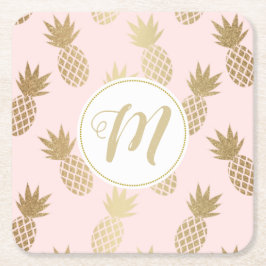 Guld ananas Mönster och Monogram Underlägg Papper Kvadrat