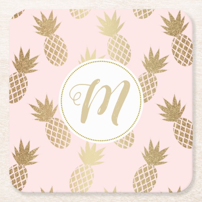 Guld ananas Mönster och Monogram Underlägg Papper Kvadrat (Framsidan)